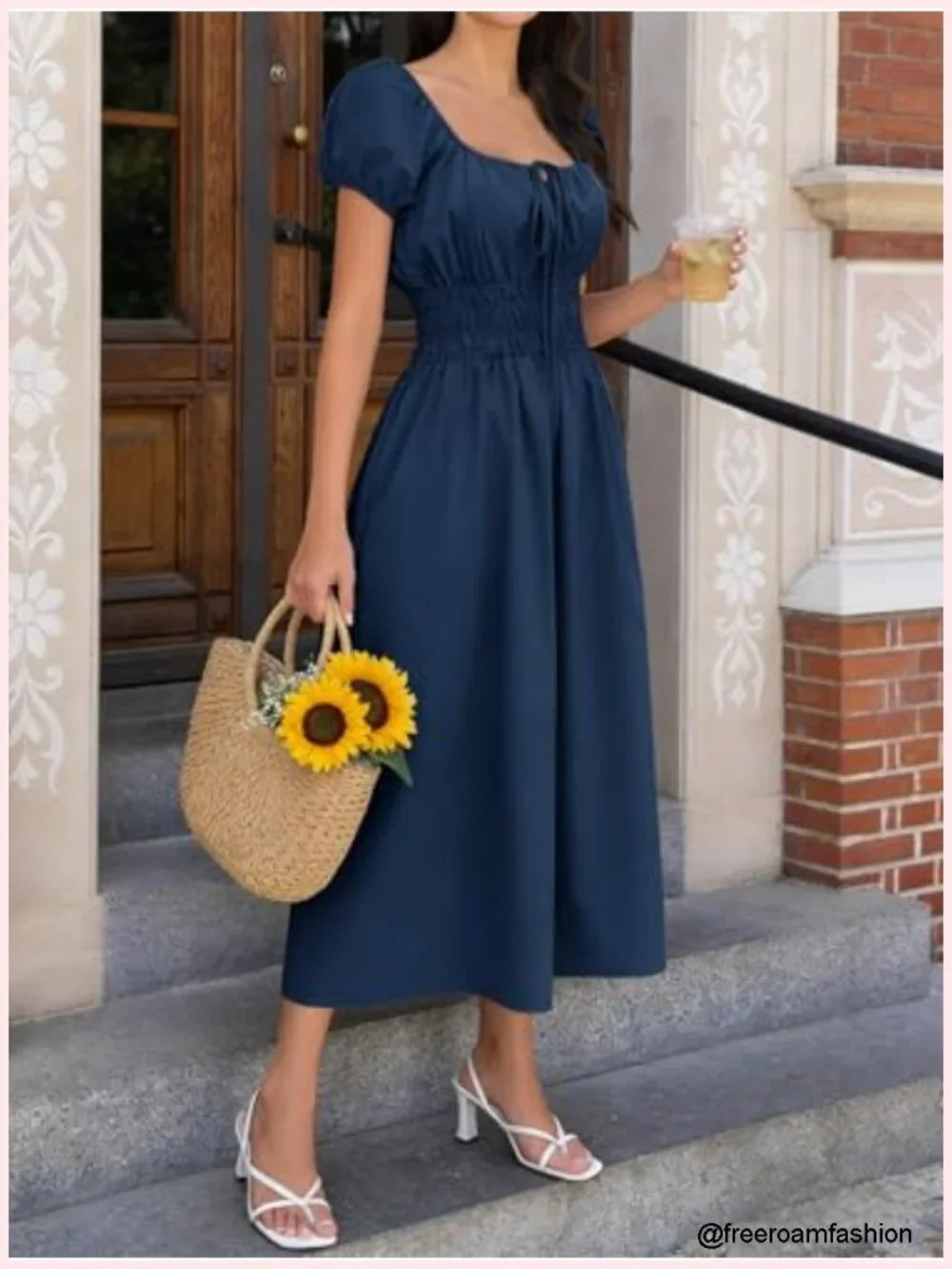 Short Puff Sleeve Midi Dress Scoop Neck A-Line Sundress with Pockets